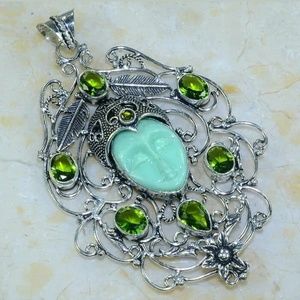 New Huge Carved Goddess Face Peridot Silver Pendant.